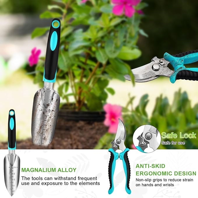 Ergonomic Garden Tool Set, Heavy Duty 11 Pcs Gardening Tool Bag Lightweight Aluminium Alloy Tools with Non-Slip Ergonomic Handle, Durable Storage Tote Bag, Gardening Hand Tools