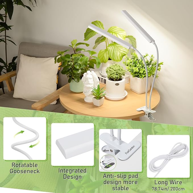 FOXGARDEN® Grow Lights for Indoor Plants Full Spectrum, Plant Lights for Indoor Growing with Timer 4/8/12 H, Dual-Head 104 LED Clamp Grow Lamp with Gooseneck, 4 Brightness Levels for Plant Growing