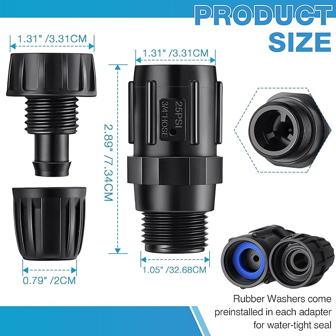 4 Pcs 25 PSI Drip Irrigation Pressure Regulator Faucet Adapter Kit, 2 Pcs 3/4" FHT x 3/4'' MHT Pressure Regulator, 2 Pcs 1/2 Inch Drip Irrigation Tubing Adapter for Drip Irrigation System