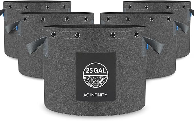AC Infinity Heavy Duty Fabric Pots, 25 Gallon Aeration Reusable Grow Bags 5-Pack with 500G Thick Nonwoven Fabric and Multi-Purpose Rings, for Low Stress Plant Training Fruits, Vegetables, and Flowers
