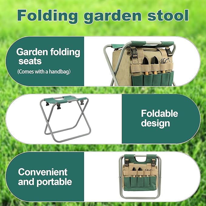 Folding Gardening Stool with Detachable Storage Tote Bag, Multifunctional Gardening Tools Set Organizer for Fishing and Camping,Portable Garden Chair Seat for Adults - Without Tools