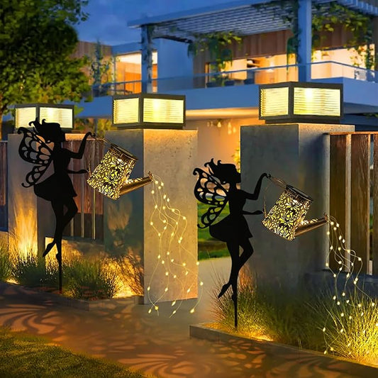 2 Pack Outdoor Decor Solar Watering Can with Cascading Lights - 24 Inch Garden Decor for Outside - Metal Outdoor Path Lights - Garden Solar Lights for Lawn Walkway Yard Decor(36 LED String Lights)