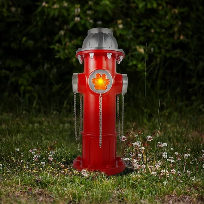 Fake Fire Hydrant Statues for Dogs to Pee On, 14.5" Solar Light Fire Hydrant with Glowing Paw Prints for Garden Statues Lawn Outdoor Decorations