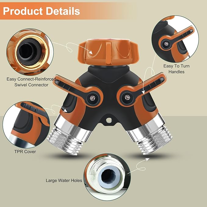 Hose Splitter, Garden Hose Splitter 2 Way Heavy Duty,3/4" Spigot Adapter Connector with 2 Kink Free Faucet Extension Hose Protector 6 Rubber Washers and PTEP Tape for Drip Irrigation, Lawns