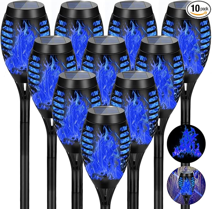 Solar Lights Outdoor, Upgraded 10 Pack Blue Solar Torch Light with Flickering Flame for Garden Decor, Waterproof Outdoor Lights Solar Powered, Tiki Torches for Outside Yard Patio Pathway Decor