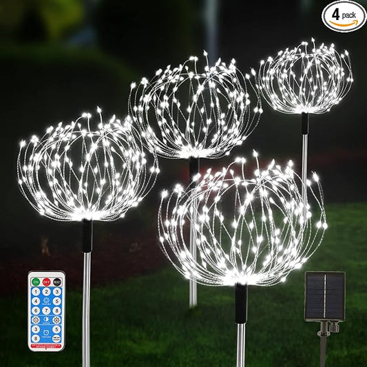 Solar Garden Fairy Lights 4 Pack 120 LED 30 Copper Wire Outdoor Firework Landscape Path String Lights Waterproof 8 Lighting Modes Remote Control for Backyard Christmas Party Decorative (White)