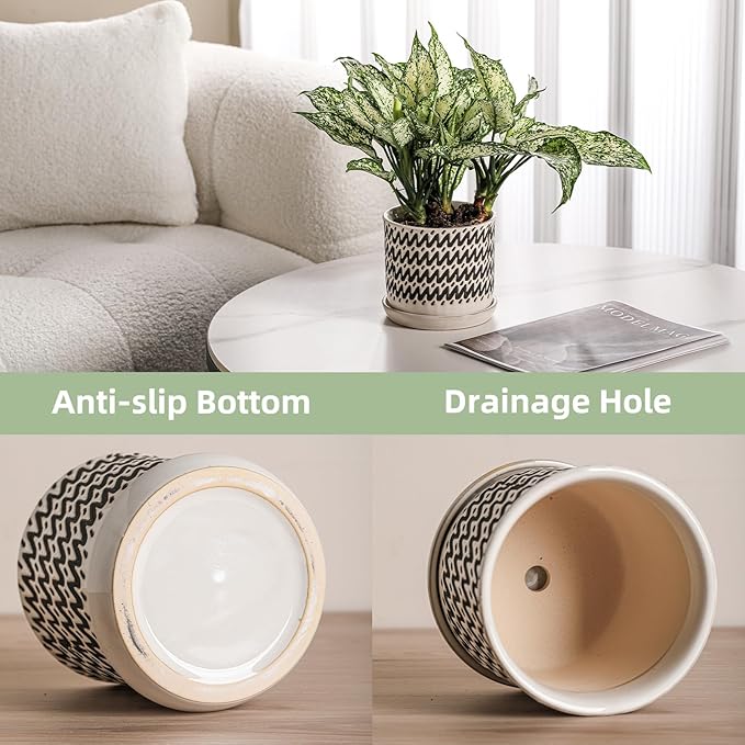 6 Inch Plant Pots: Ceramic Planter Pot with Drainage Hole & Saucer - Planters for Indoor/Outdoor Plants - Flower Pot with Bonded Tray for Home/Office - Wave Stripe Debossed