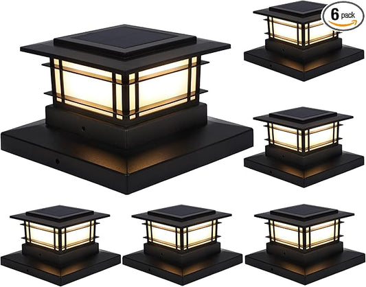 Dynaming 6 Pack Solar Post Lights Outdoor, Solar Powered Fence Post Cap Lights, High Brightness Warm White SMD LED Lighting Decor for Garden Deck Patio, Fit 4x4, 5x5 or 6x6 Vinyl/Wooden Posts