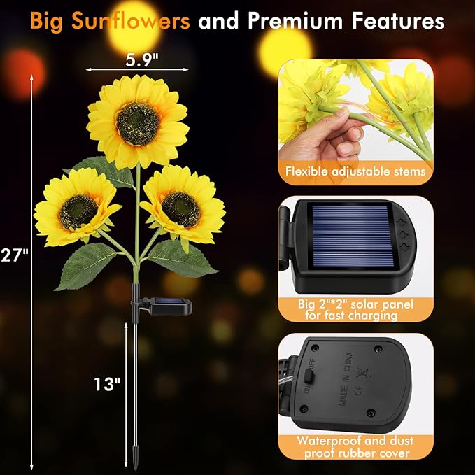 Solar Sunflower Lights, 800mA Solar Garden Light with Real Looking Flowers Outdoor Waterproof Solar Stake Lights for Back Yard, Flower Bed, Pathway, Patio, Porch, Fall Decoration (4 Pack)