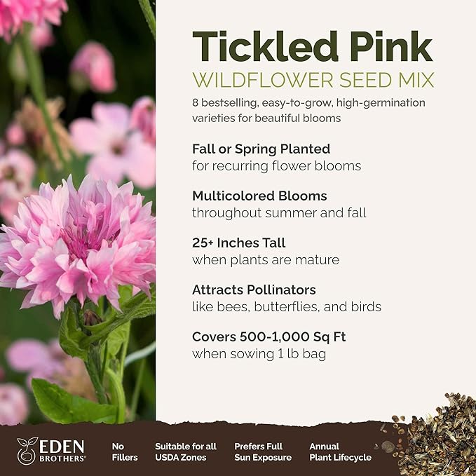 Eden Brothers Tickled Pink Flower Mixed Seeds for Planting, 1 lb, 480,000+ Seeds with Cosmos, Cornflower, Zinnia | Attracts Pollinators, Plant in Spring or Fall, Zones 3, 4, 5, 6, 7, 8, 9, 10
