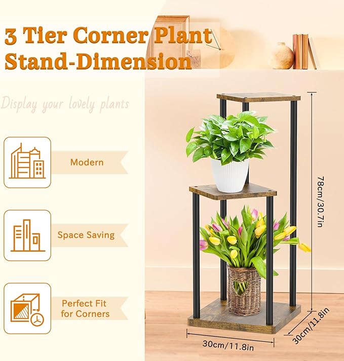 3 Tier Plant Stands Indoor, Metal Wood Tiered Corner Plant Stand Pot Holder, Wood Flower Shelf Display Rack for Living Room Bedroom Outdoor Balcony Garden Patio, Black