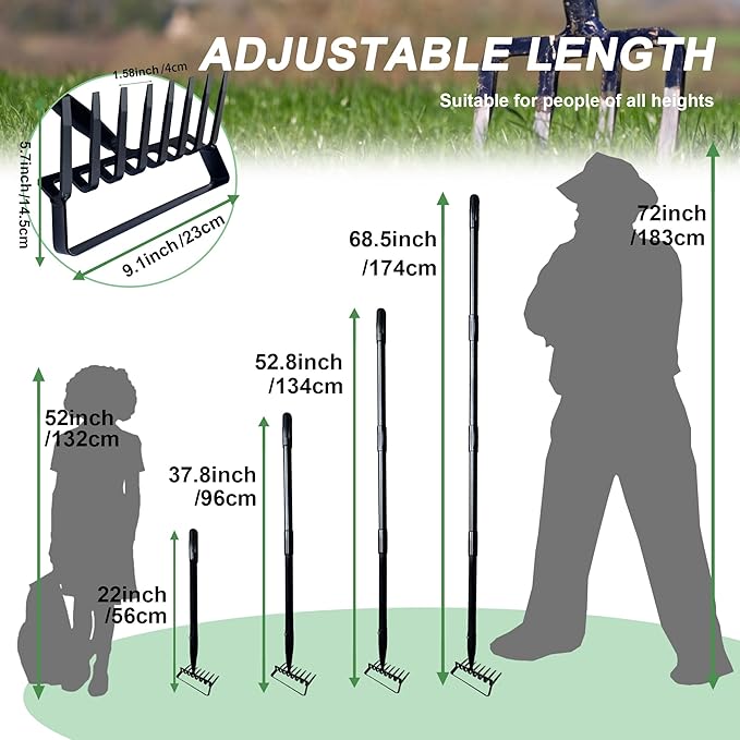 8-Tines Rake and Stirrup Hoe - Adjustable Long Handle Scuffle Loop Hula Action Hoe for Weeding, Digging, Loosening Soil, Stainless Steel Tiller Cultivator for Gardening, Raised Flower Beds Planting.