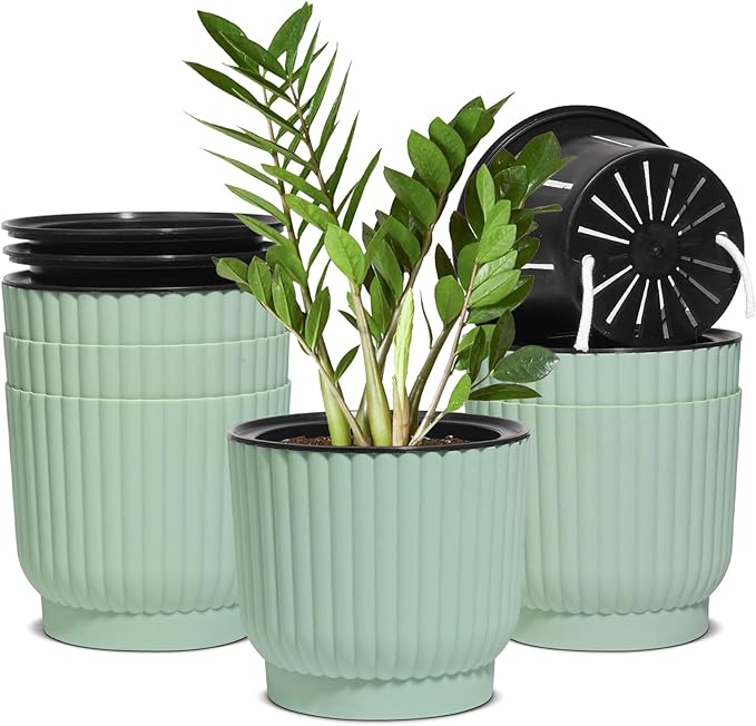 T4U 6 Inch Self Watering Pots for Indoor Plants, 6 Pack Planters for Indoor Plants, Durable Plastic Mint Green Pots for Indoor Plants, African Violets, Flower