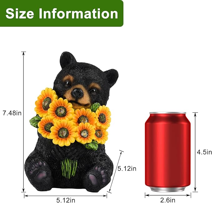 Solar Garden Lights Outdoor Statues Black Bear with Sunflowers, LED Lighted Garden Decor Waterproof Figurines for Patio Porch Balcony Yard Lawn Lantern, Unique Garden Statues for Housewarming Gifts