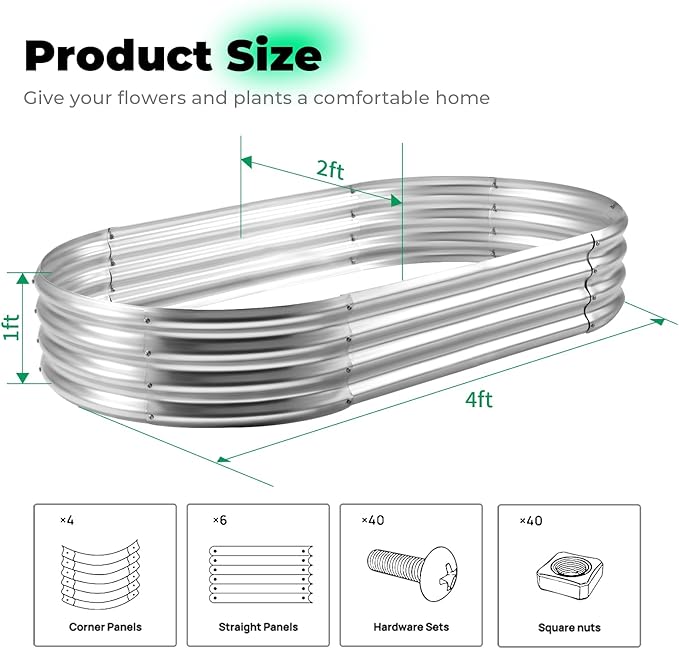 Galvanized Raised Garden Bed Kit, Oval Large Metal Planter Box, Sturdy and Durable, Garden Boxes Outdoor Raised for Vegetables, Fruits, Flowers and Herbs, 4x2x1ft (Silver)