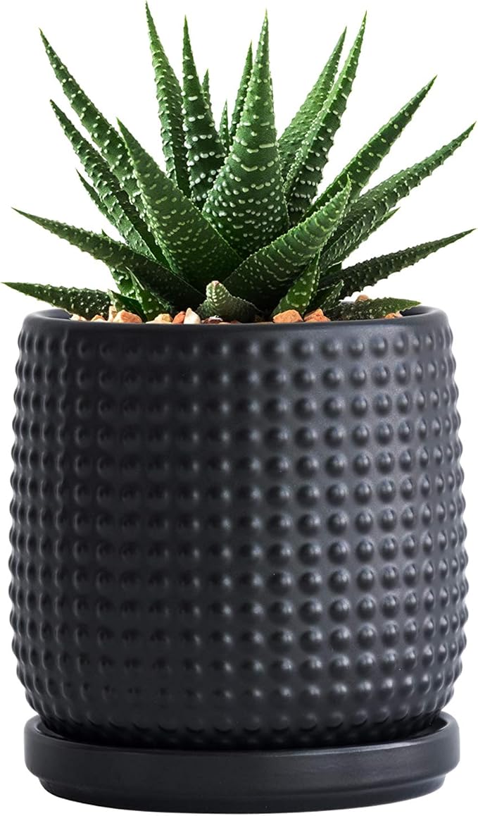 D'vine Dev 4 Inch Ceramic Beaded Stoneware Planter Pot - Flower Pot with Drainage Holes and Saucers for Indoor Succulent Plants or Flowers, Ebony Matte, 27-C-Z-6