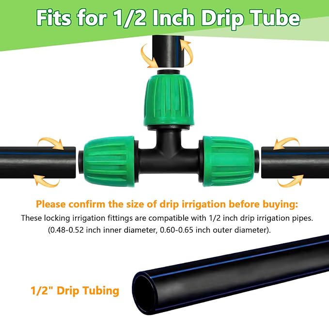 12 Pack 1/2 Inch Drip Irrigation Tee (1/2" ID x 0.65" OD), Drip Line Irrigation Locked Barbed 3 Way T for 1/2'' Irrigation Tubing Anti Leak Irrigation System Tee Fittings