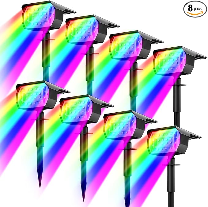 nipify 8 Pack Solar Spot Lights Outdoor Color Changing, 7 Modes Halloween RGB Solar Powered Waterproof Spotlight, Landscape Lighting for Outside Yard Garden Pathway