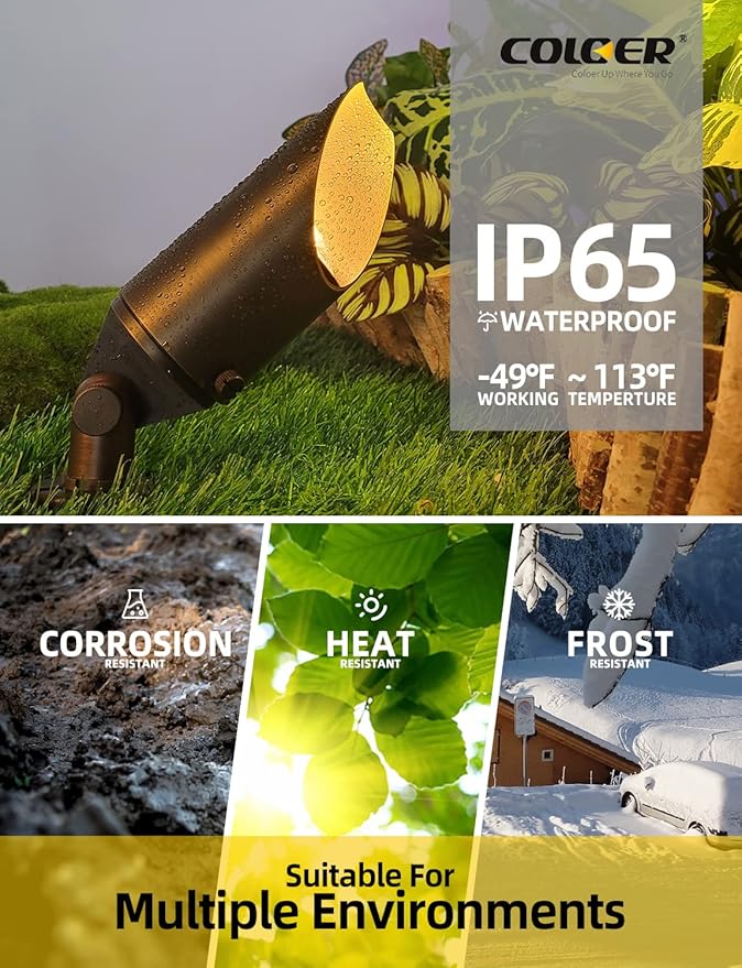 COLOER Die-cast Brass Landscape SpotLights Outdoor, 12V AC/DC Low Voltage Adjustable Yard Lighting, IP65 Waterproof Garden Patio Trees Spot Up Light(103B, Bronze, 6-Pack Without Bulb)