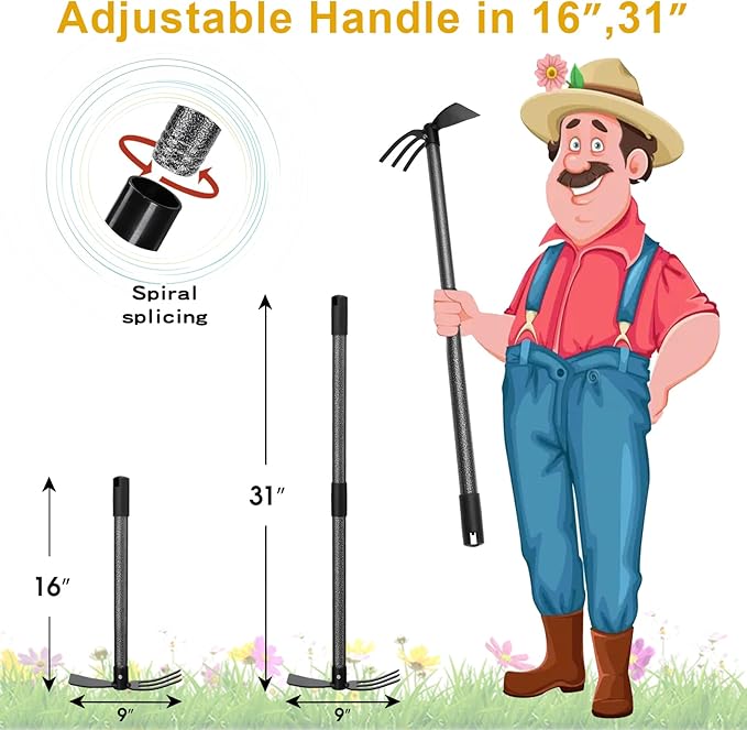 Garden Hoe and Cultivator, Heavy Duty Hand Hoe with Tiller with 31” Long Handle, Cultivator Hoe Garden Tools Durable Cultivator Hoe Rake Fork for Gardening Weeding Planting Loosening Soil