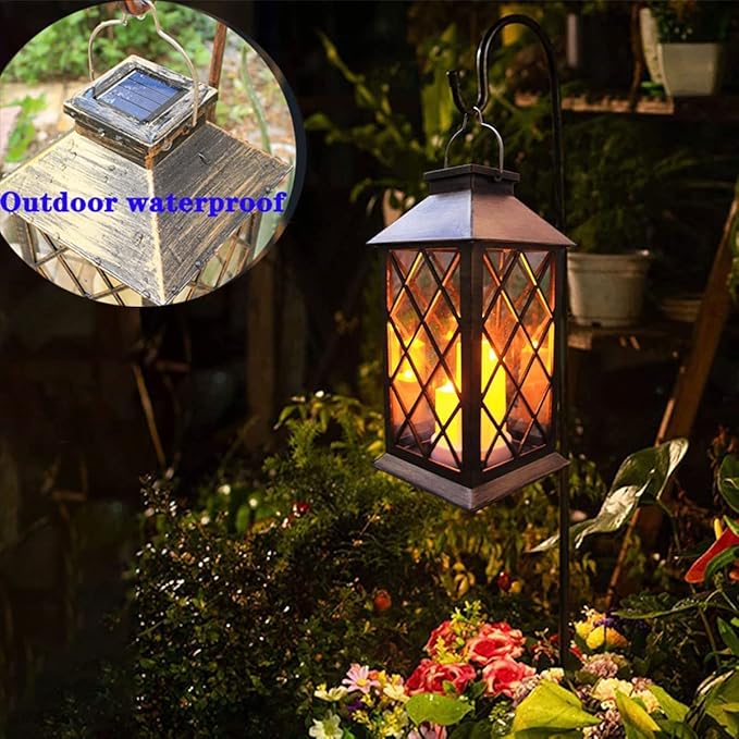 Solar Outdoor Lantern, Garden Hanging Waterproof Lanterns PVC Upgrade 3 LED Flickering Flameless Candle Decorative for Garden Women Mom Grandma Halloween Gifts (Grid Candle)