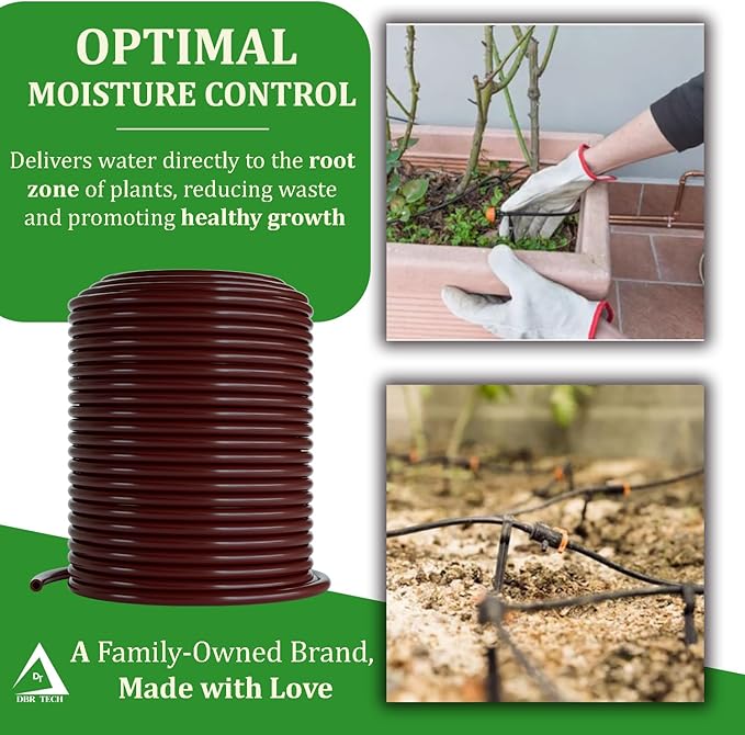 1/4 Drip Irrigation Tubing, 200 Feet, Flexible PVC Plastic Drip Irrigation Hose for Gardening, Misting, Hydroponics and DIY Landscape Garden Projects, Blank Distribution Tubing (200ft, Brown)