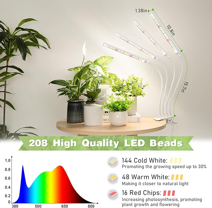 FOXGARDEN® Plant Lights for Indoor Growing, Grow Light Full Spectrum with Timer 4/8/12 H, Four-Head 208 LED Grow Lamp with Flexible Gooseneck & Clamp on Desk, 4 Brightness Levels for Indoor Plants