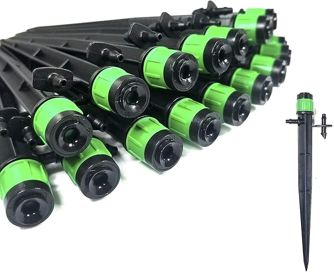 (100-PACK) - 1/4" Inch 360 Degree Drip Emitter On 5" Stake Sprayer Adjustable Flow 0-20 GPH, Fits 1/4 (4-6mm) Irrigation Tubing - Micro Bubbler Drippers for Drip Irrigation (100 Pack Dripper on Stake)