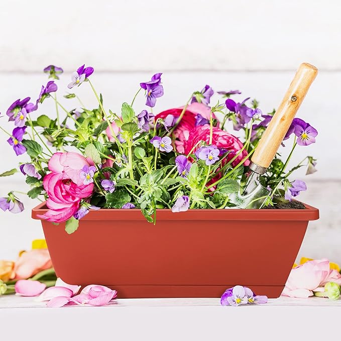 Window Box Planter, 12 Pack Plastic Vegetable Flower Planters Boxes 17 Inches Rectangular Flower Pots with Saucers for Indoor Outdoor Garden, Patio, Home Decor (Brick red)