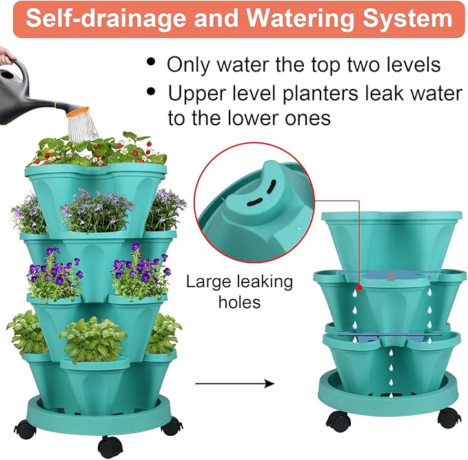 Vertical Planter 4 Tier Stackable Planters Garden Planters Strawberry Herb Flower and Vegetable Planter Indoor Outdoor Gardening Pots with Removable Wheels and Tools