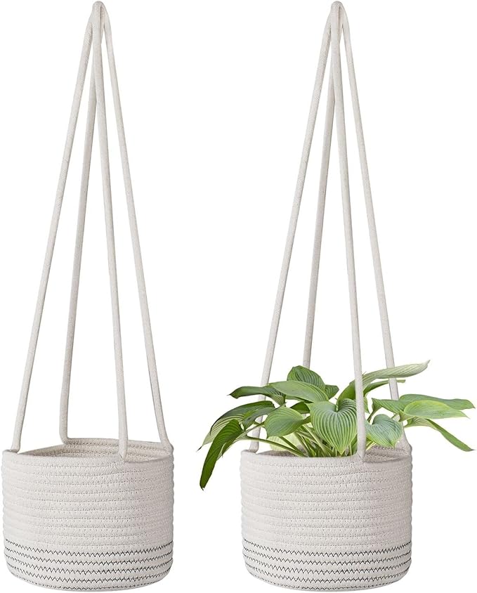 Flexzion Hanging Plant Basket Boho Cotton Rope Basket Indoor Hanging Planter, Up to 7" Flower Pot, Macrame Woven Modern Plant Holder, Storage Bin Organizer, Home Decor with 20" Hanging Rope, White