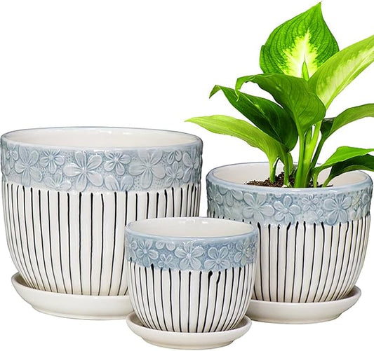 Ceramic Plant Pots Set of 3, 6.75/5.6/4.2 inch Planters with Drainage Holes and Saucer, Flower Pots Outdoor Indoor, Modern Decorative Planters for House Plants Garden Planters Succulent Pots
