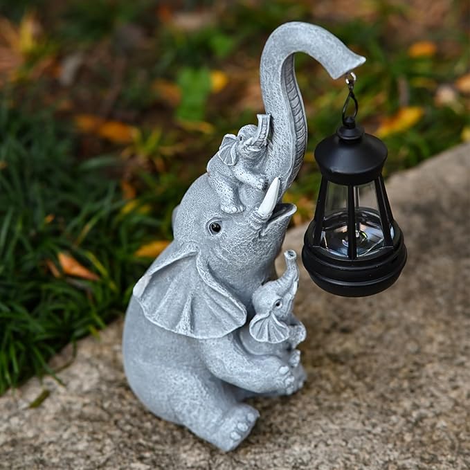 Solar Elephant Outdoor Statues Garden Decor with Solar LED Lights Good Luck Elephant Statue for Patio Balcony Yard Lawn Ornament, Birthday Mother Day Gardening Gifts for Mom Grandma Women