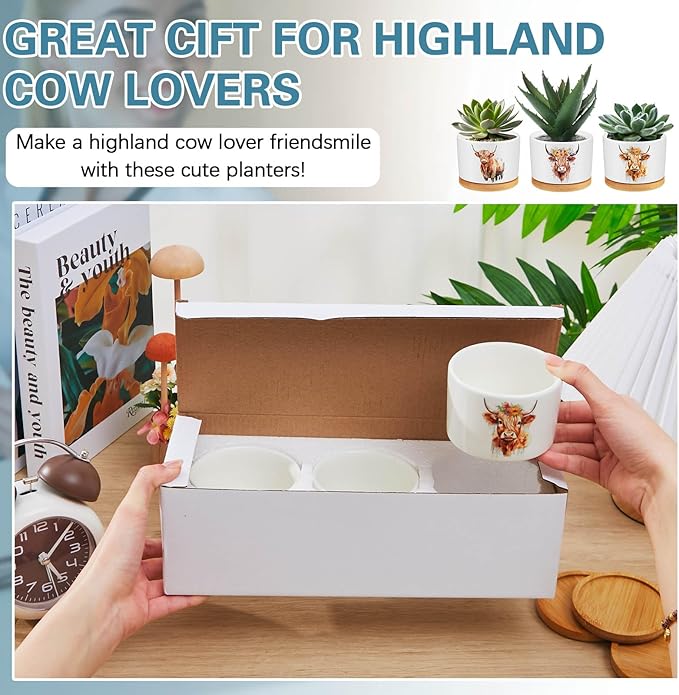 3 Pcs Highland Cow Decor Gift for Christmas Women Planter Ceramic Gift Animal Plant Pot with Bamboo Tray for Office Home Farm House Bathroom Kitchen Decorations (No Plants Included)