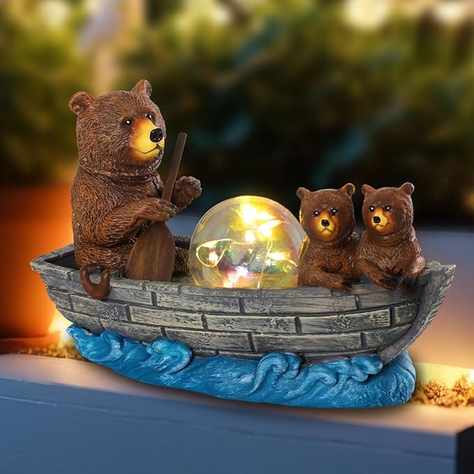 Solar Bears Boating Statue with Ball Light 5" Resin Bear Figurines Waterproof Bear Decorations for Home Yard Patio Porch Balcony Best Garden Gifts for Women Mothers Grandmothers Sisters