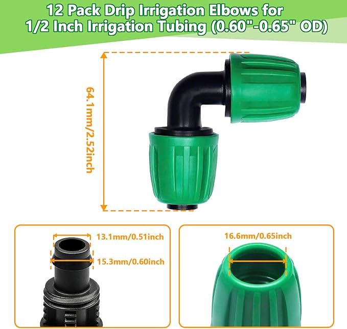 12 Pack 1/2 Inch Drip Irrigation Elbow (1/2" ID x 0.65" OD), Drip Line Irrigation Locked Barbed 90 Degree Elbow for 1/2'' Irrigation Tubing Anti Leak Irrigation System Elbow Fittings