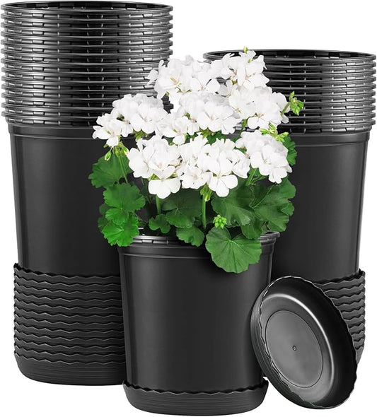 GROWNEER 24 Pack 6 Inch 1 Gallon Plant Pots with Drainage for Plants Flexible Nursery Pot Flower Pots Hole and Saucer Modern Plant Container for Indoor Outdoor(Black)