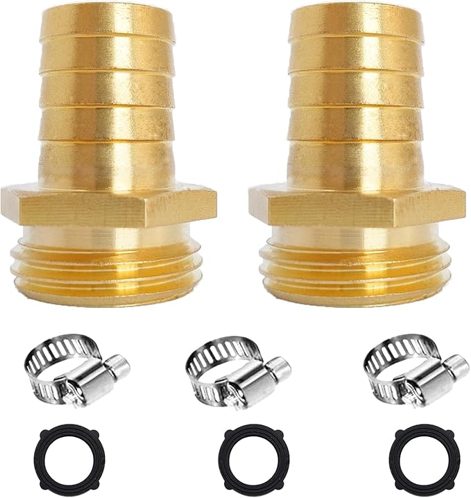 2Pcs 5/8" Barb x 3/4" Male GHT Thread Hex Brass Garden Water Hose Pipe Connector Copper Fitting with Stainless Clamp House/Boat/Lawn/Power Wash/Irrigation