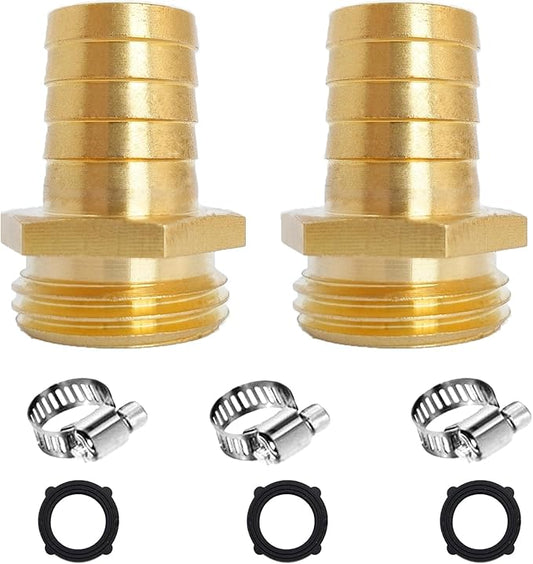 2Pcs 5/8" Barb x 3/4" Male GHT Thread Hex Brass Garden Water Hose Pipe Connector Copper Fitting with Stainless Clamp House/Boat/Lawn/Power Wash/Irrigation