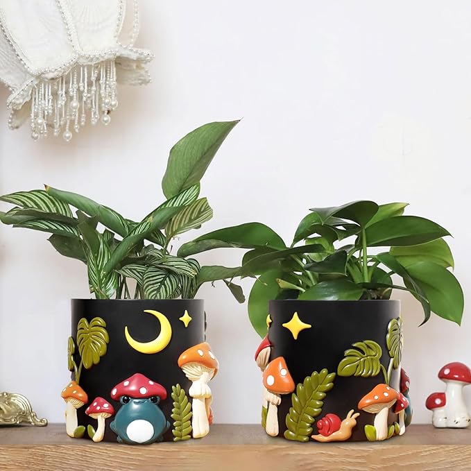 GUGUGO Colorful Frog Garden Plant Pots, Cute Unique Succulent Planters with Drainage, Rainbow Small Mushrooms Flower Planters Pots for Indoor Plants, Funny Eclectic Home Décor-Black