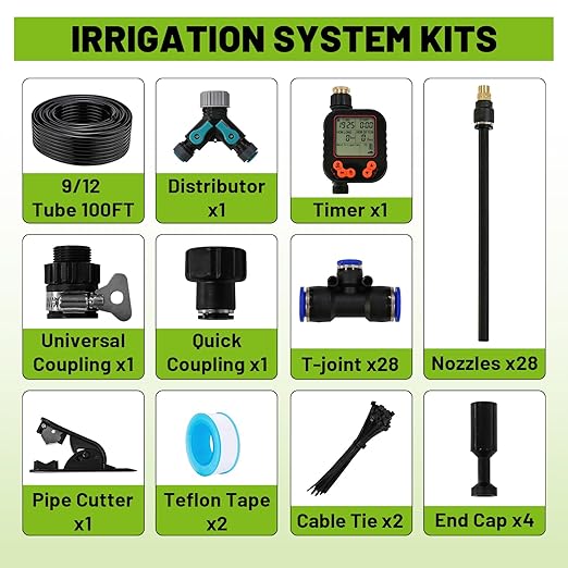 Garden Drip Irrigation Kit, 100ft Black Hose, 360° Adjustable Universal Nozzle, Patio Mist Plant Watering Sprinkler, Comes with Faucet Separator, Sprinkler Hose Adapter (Closeable nozzle-28)