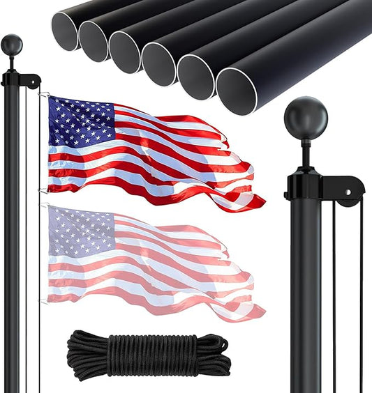 NELXINJO 25FT Sectional Flag Pole Kit, Heavy Duty Aluminum Outdoor In-Ground Flagpole, Black Ball Top, 3x5 USA Flag for Residential commercial Outdoor Garden(25FT, Black)