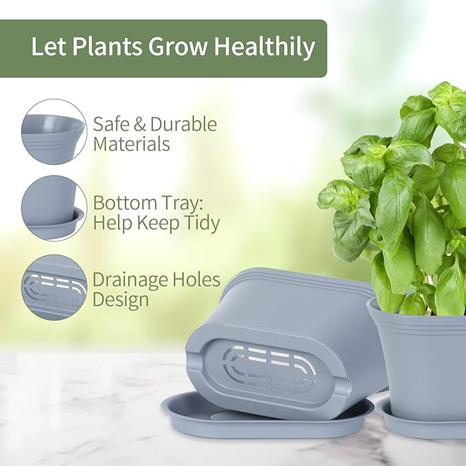 Windowsill Herb Garden Planter with Tray, Set of 6 Grey Oval Farmhouse Garden Pots for Indoor/Outdoor Plants (No Seeds)