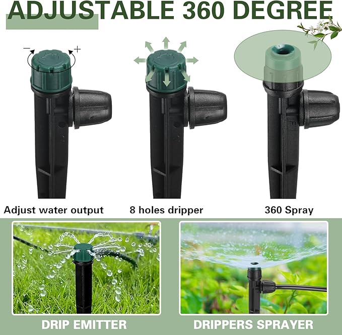100 Pcs Drip Irrigation Emitters for 1/4" Tubing 50 Micro Irrigation Emitters Sprayer 50 Adjustable 360 Degree Water Flow Drippers for Garden Irrigation System(Green, Latch)