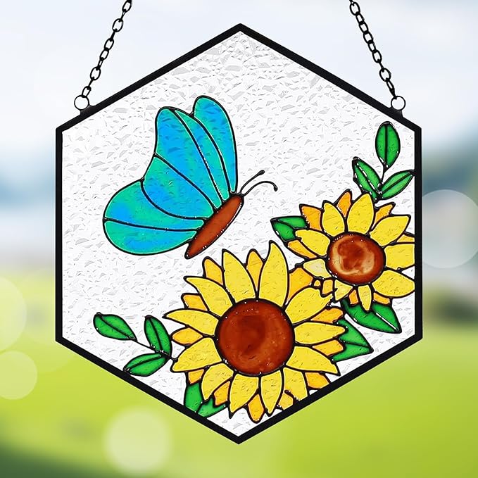 Stained Glass Butterfly Sunflower Suncatcher Window Hanging Ornament, Light Transmission Hand Paint Sun Catchers for Women Gifts, for Lover