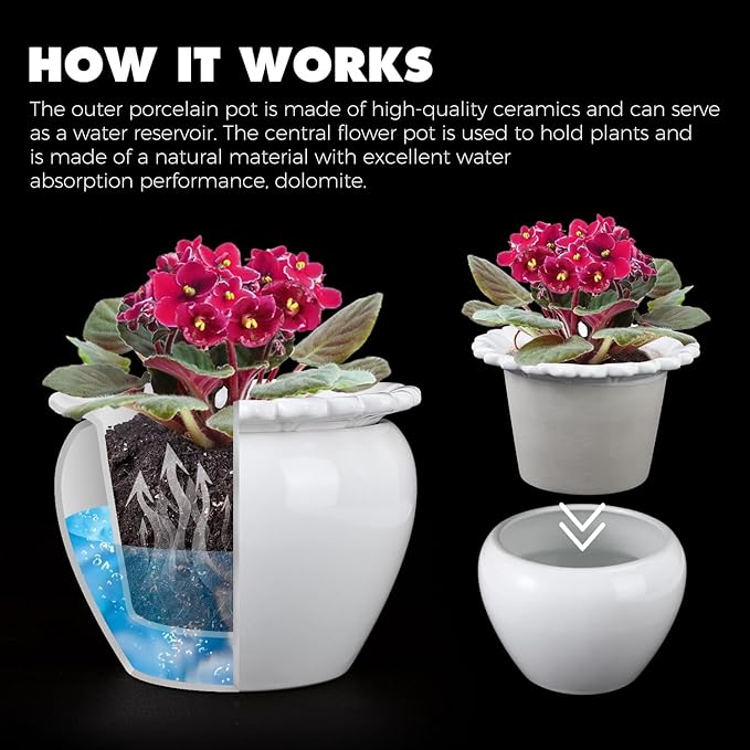 African Violet Pots 8 inch White Ceramic Easy Plant Self Watering Pot Ceramic Flowerpot with Water Absorbing Inner Pot Orchid Planter for Best Gifts Lawn Yard Outside Decor