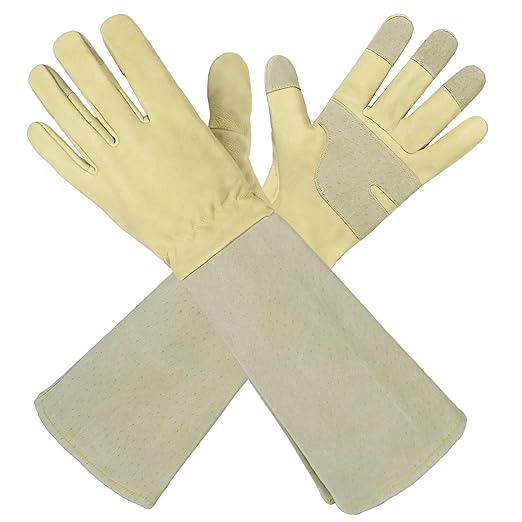HLDD HANDLANDY Long Gardening Gloves for Women Thorn Proof, Rose Pruning Cowhide Leather Garden Gloves for Yard, Light Yellow, M