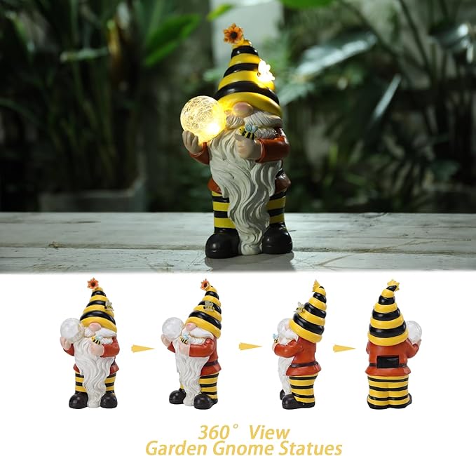 Solar Garden Gnome Statue, Resin Bee Gnome Figurine with Flower and Crackle Glass Globe Lights for Outdoor Decor, Porch Patio Yard Decorations, Garden Gifts for Mom