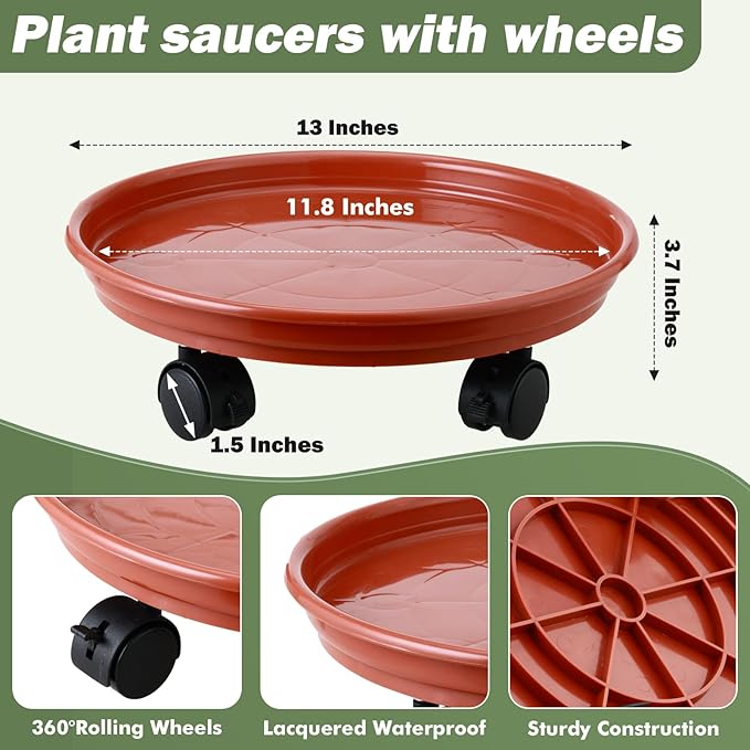 6 Packs Plastic Plant Caddy with Wheels 11.8" Plastic Rolling Plant Stands Heavy-Duty Plant Dolly with Casters Indoor and Outdoor Plant Roller Base Wheels, Rust Red