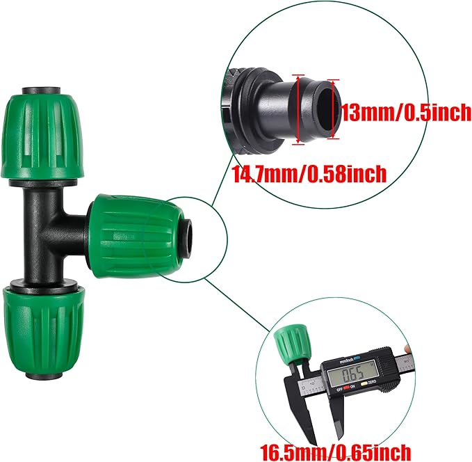 1/2 inch Tubing Tee(1/2" ID x0.6-0.63" OD) Pond Irrigation Tubing Fittings - Barbed Locked Nuts Connectors (15PCS)